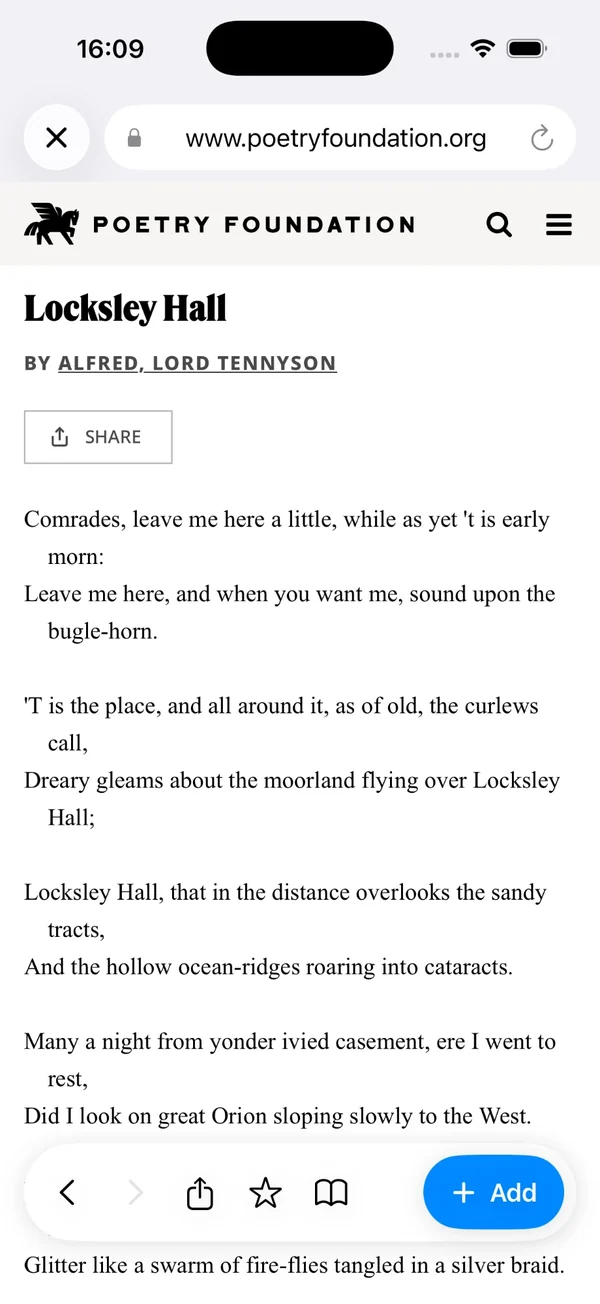 Snorfle&rsquo;s in-app browser showing a Tennyson poem with an Add button
