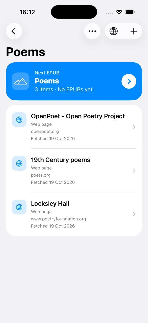 The Poems folder with a Next EPUB banner above three saved web pages