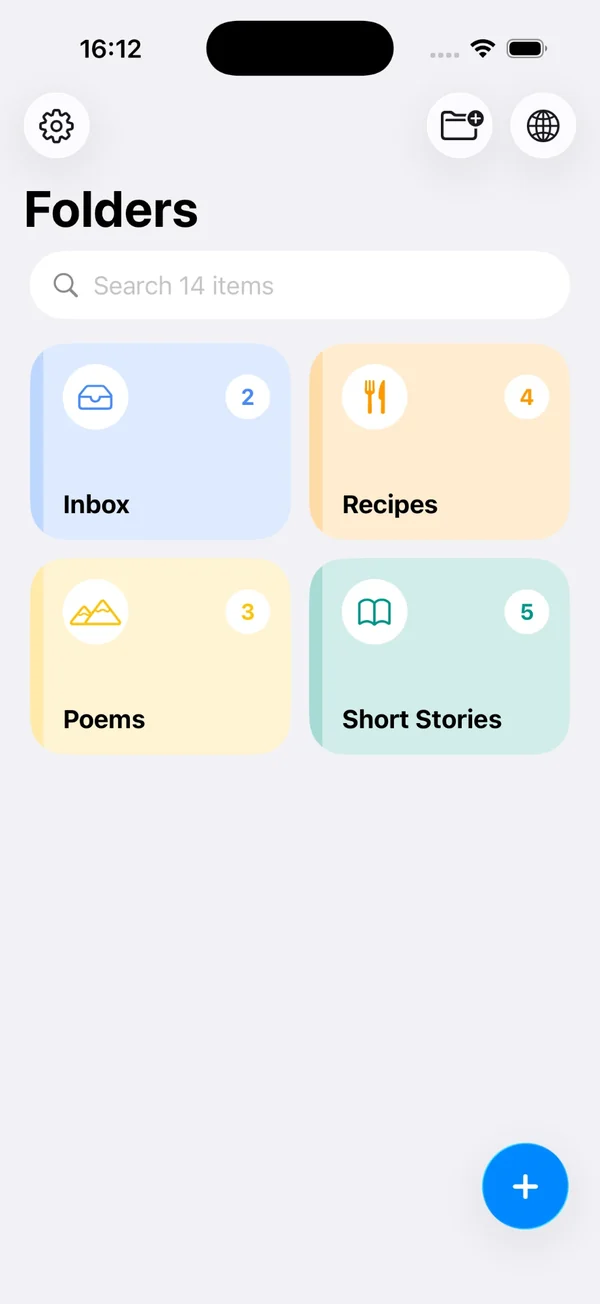 Snorfle&rsquo;s folders screen with Inbox, Recipes, Poems and Short Stories